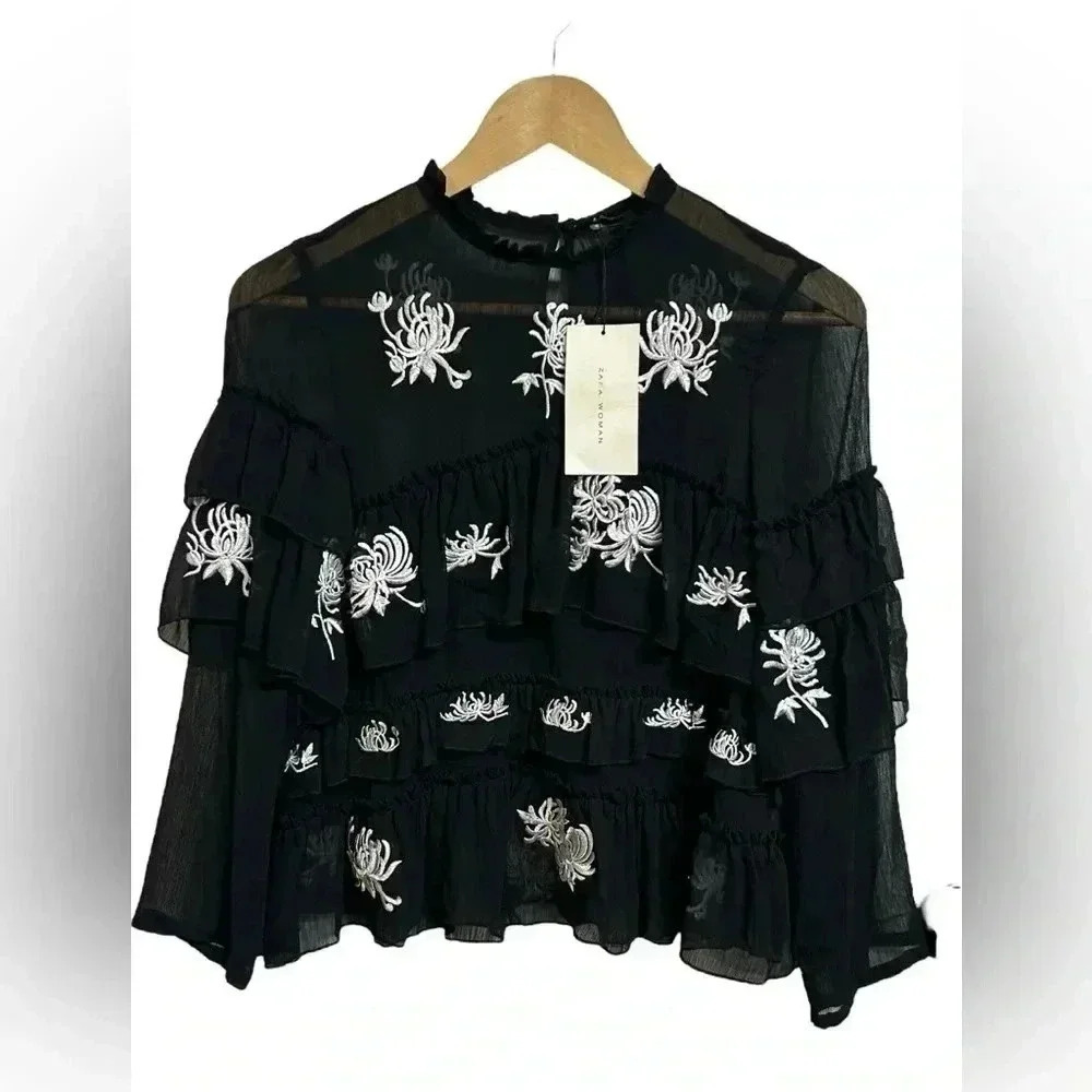 Zara RARE Embroidered Floral Black Tiered Blouse Too Size XS NWT - Picture 2 of 14